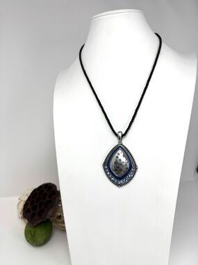 Lia Sophia Silver Tone Teardrop Pendant Necklace with Blue Rhinestone Accents